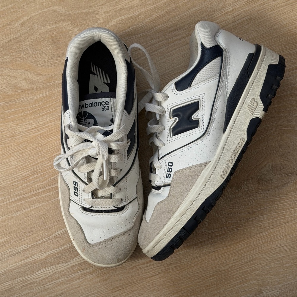 New Balance 550 Cream and Navy Sneakers
